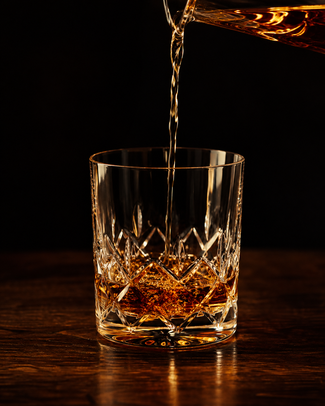 Amber whiskey poured into a crystal glass