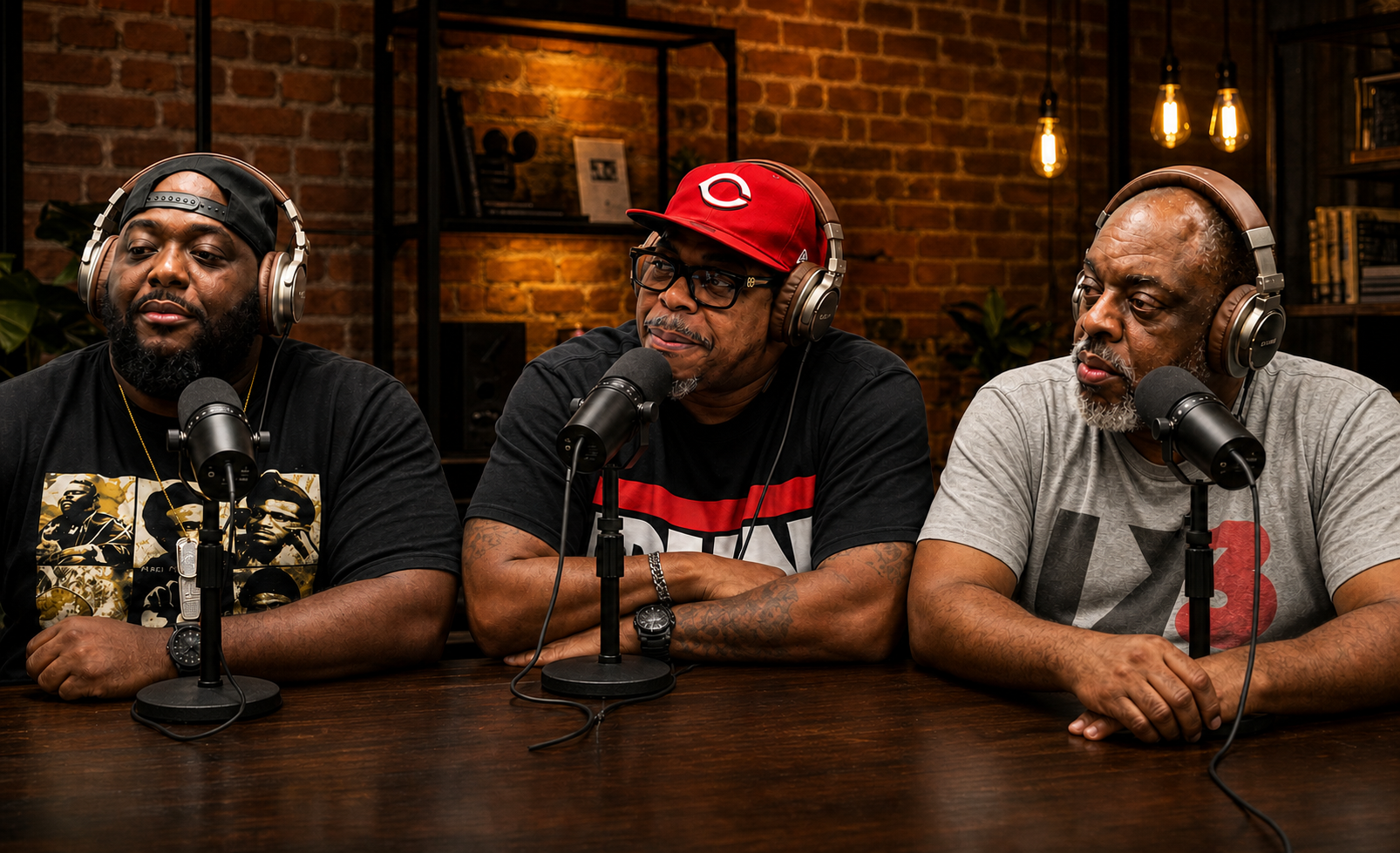 The GIRTH Podcast crew recording together in a warm brick studio
